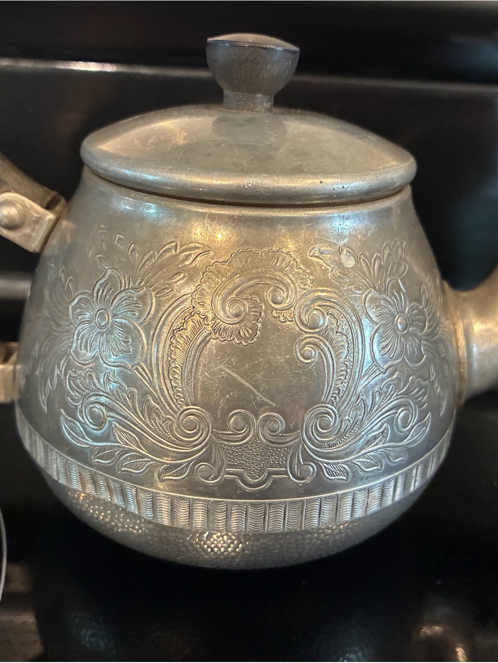 Vintage Embossed Silver-Tone Floral Teapot - Decorative Kitchen Serveware